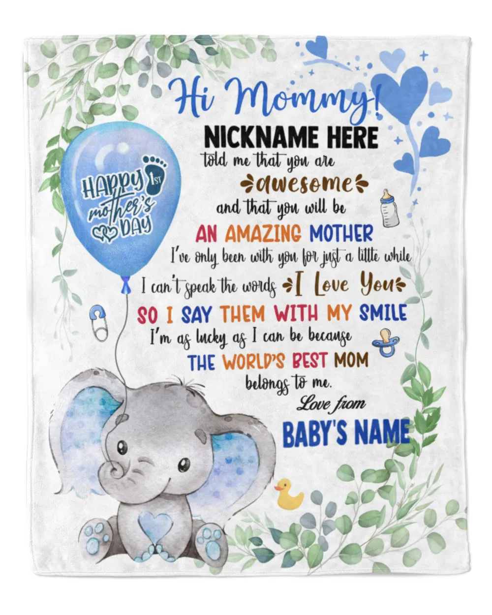 1st Mother's Day Gift, Gifts for New Mom, Personalized Hi MOMMY Cute Baby Girl Elephant ,  Gift  for Newmom,  Safari Baby Shower, Jungle Nursery Blanket Cozy Plush Fleece Blanket white 30x40in