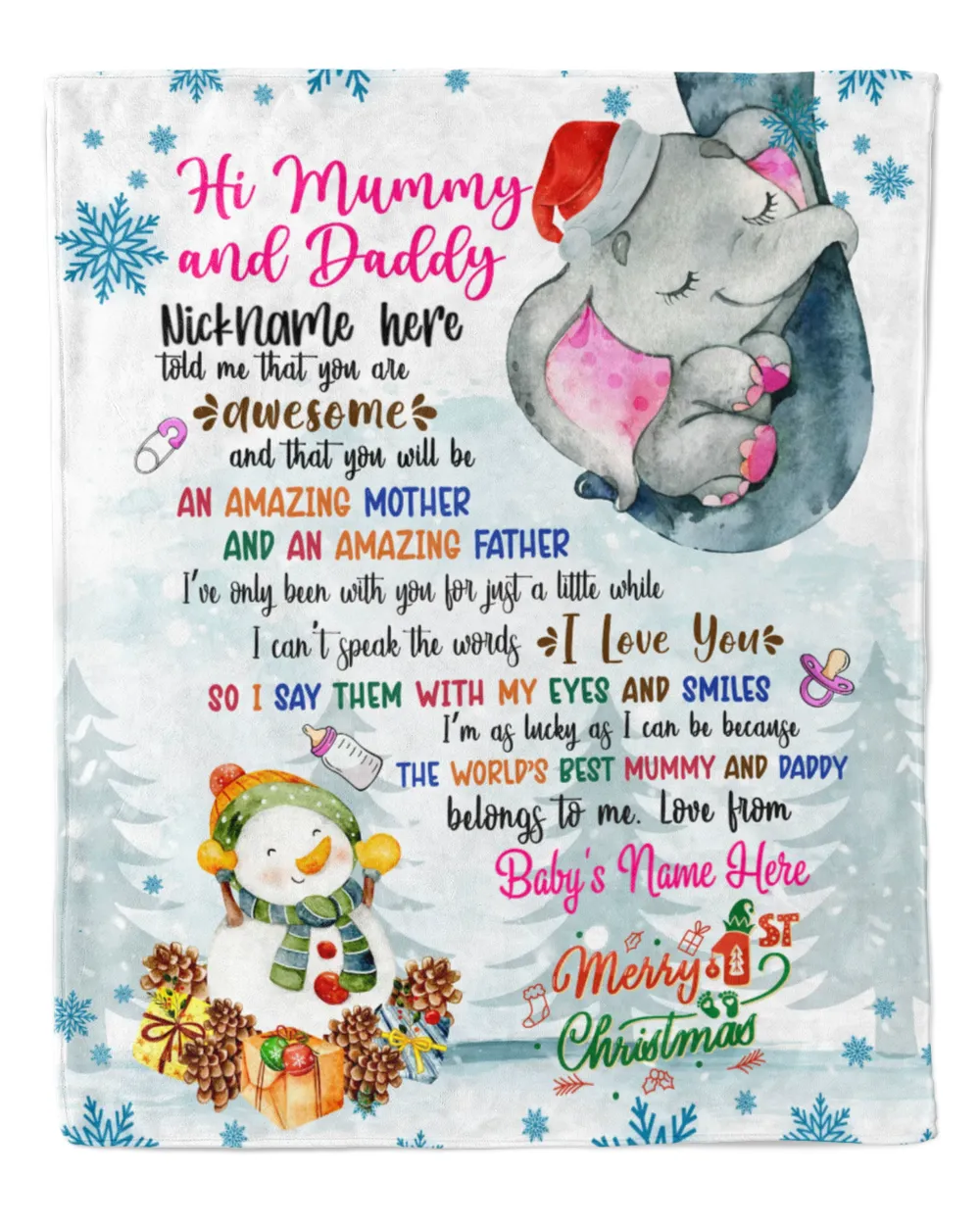 Personalized Hi MUMMY AND DADDY Elephant Cute Baby Girl with Snowman,  1st Chritmas Gift from Grandma and baby for Newmom, First Christmas gifts. Cozy Plush Fleece Blanket white 30x40in