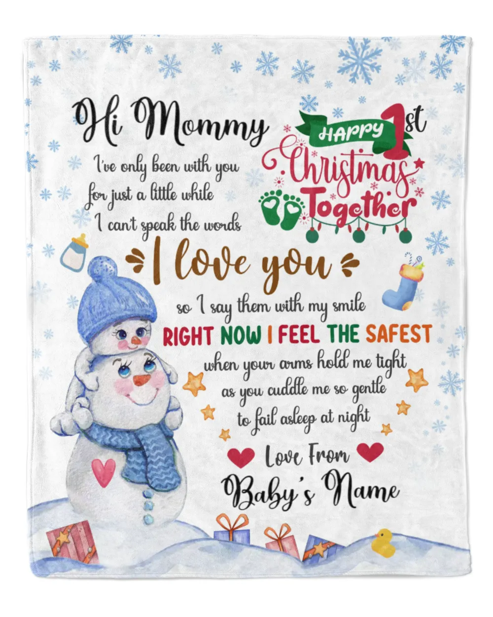 Personalized Hi MOMMY  Cute Baby Boy with Snowman,  1st Chritmas Gift  for Newmom, First Christmas gifts. Cozy Plush Fleece Blanket white 30x40in