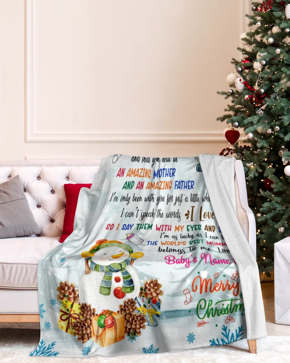 Personalized Hi MUMMY AND DADDY Elephant Cute Baby Girl with Snowman,  1st Chritmas Gift from Grandma and baby for Newmom, First Christmas gifts. Cozy Plush Fleece Blanket white 30x40in