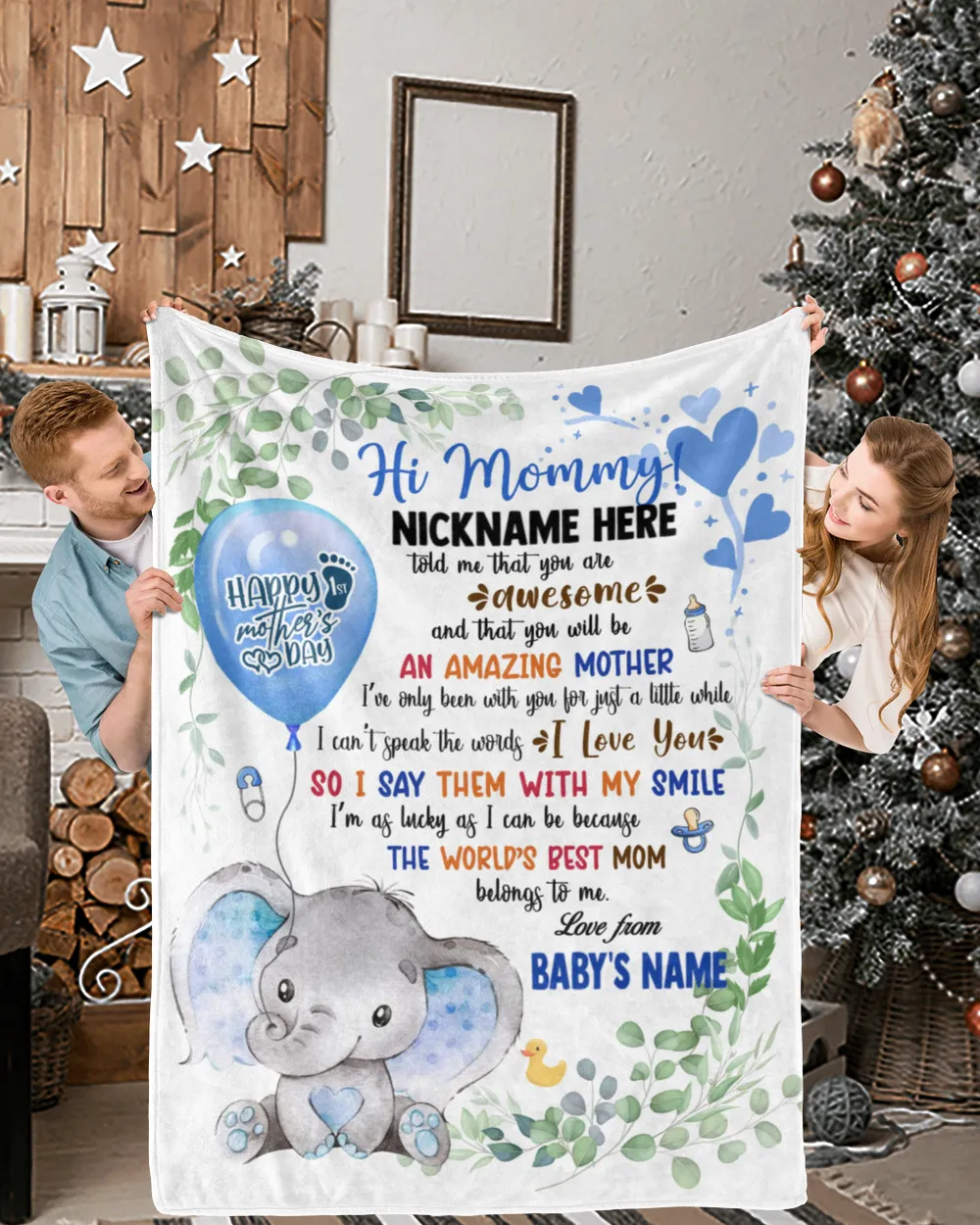1st Mother's Day Gift, Gifts for New Mom, Personalized Hi MOMMY Cute Baby Girl Elephant ,  Gift  for Newmom,  Safari Baby Shower, Jungle Nursery Blanket Cozy Plush Fleece Blanket white 30x40in