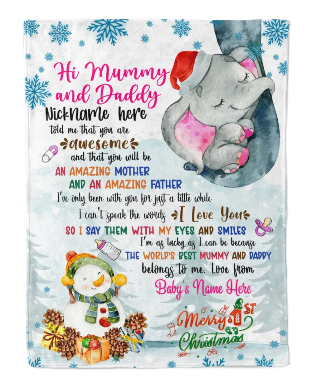 Personalized Hi MUMMY AND DADDY Elephant Cute Baby Girl with Snowman,  1st Chritmas Gift from Grandma and baby for Newmom, First Christmas gifts. Cozy Plush Fleece Blanket white 30x40in