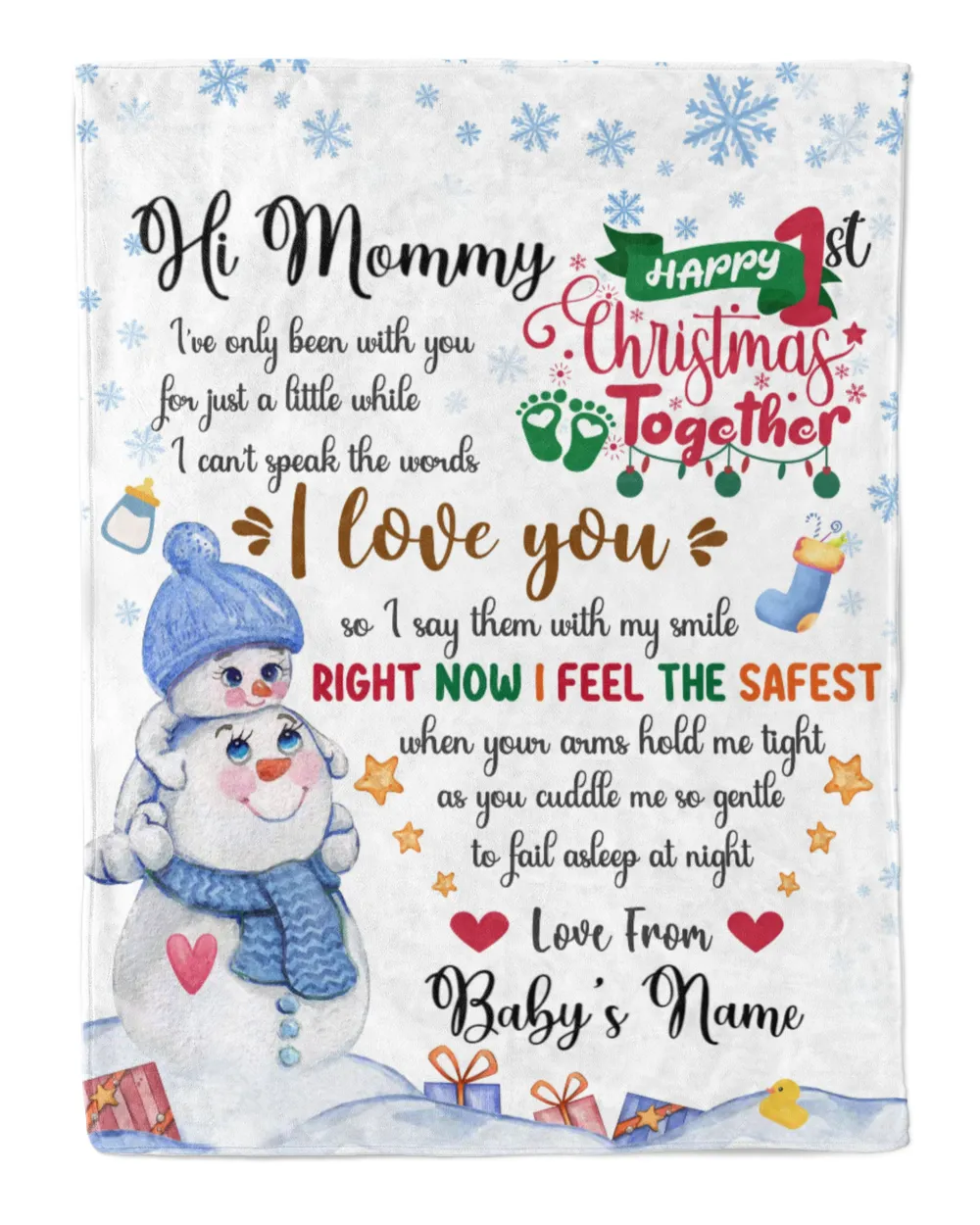 Personalized Hi MOMMY  Cute Baby Boy with Snowman,  1st Chritmas Gift  for Newmom, First Christmas gifts. Cozy Plush Fleece Blanket white 30x40in
