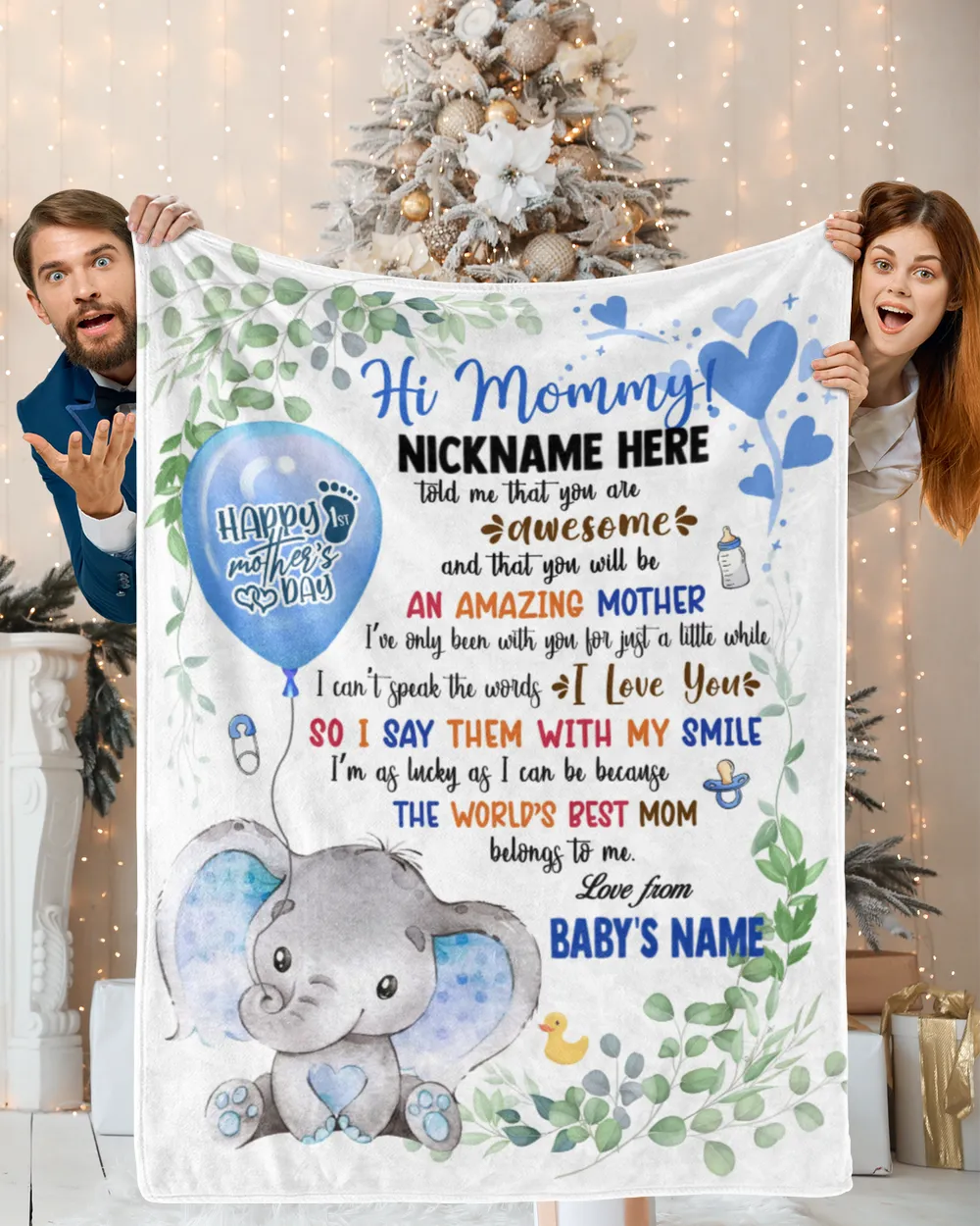 1st Mother's Day Gift, Gifts for New Mom, Personalized Hi MOMMY Cute Baby Girl Elephant ,  Gift  for Newmom,  Safari Baby Shower, Jungle Nursery Blanket Cozy Plush Fleece Blanket white 30x40in