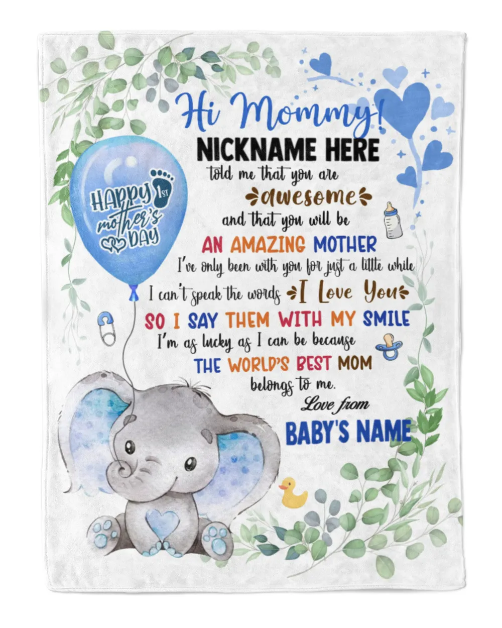 1st Mother's Day Gift, Gifts for New Mom, Personalized Hi MOMMY Cute Baby Girl Elephant ,  Gift  for Newmom,  Safari Baby Shower, Jungle Nursery Blanket Cozy Plush Fleece Blanket white 30x40in