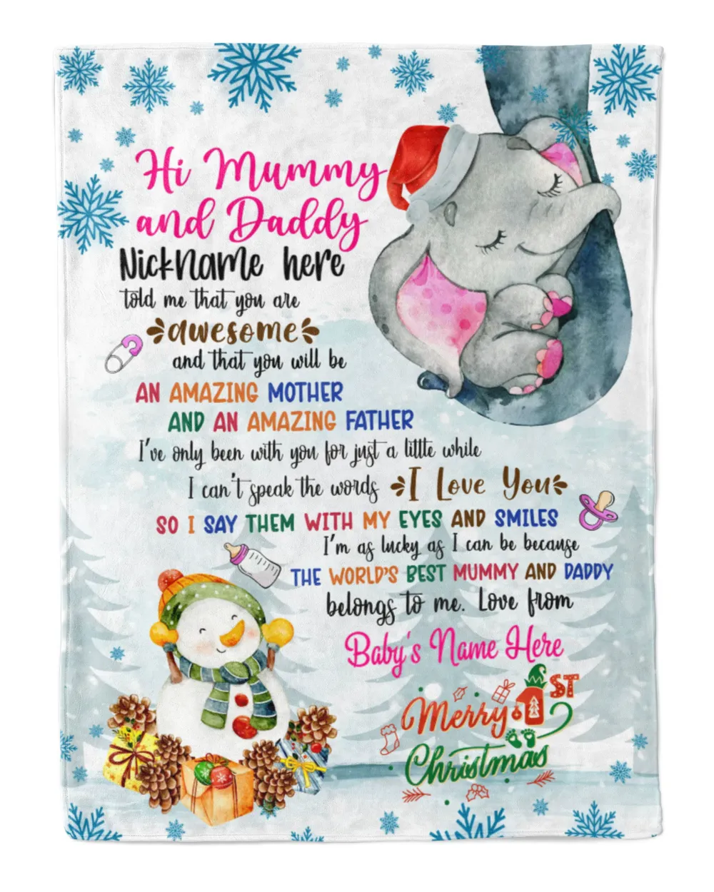 Personalized Hi MUMMY AND DADDY Elephant Cute Baby Girl with Snowman,  1st Chritmas Gift from Grandma and baby for Newmom, First Christmas gifts. Cozy Plush Fleece Blanket white 30x40in