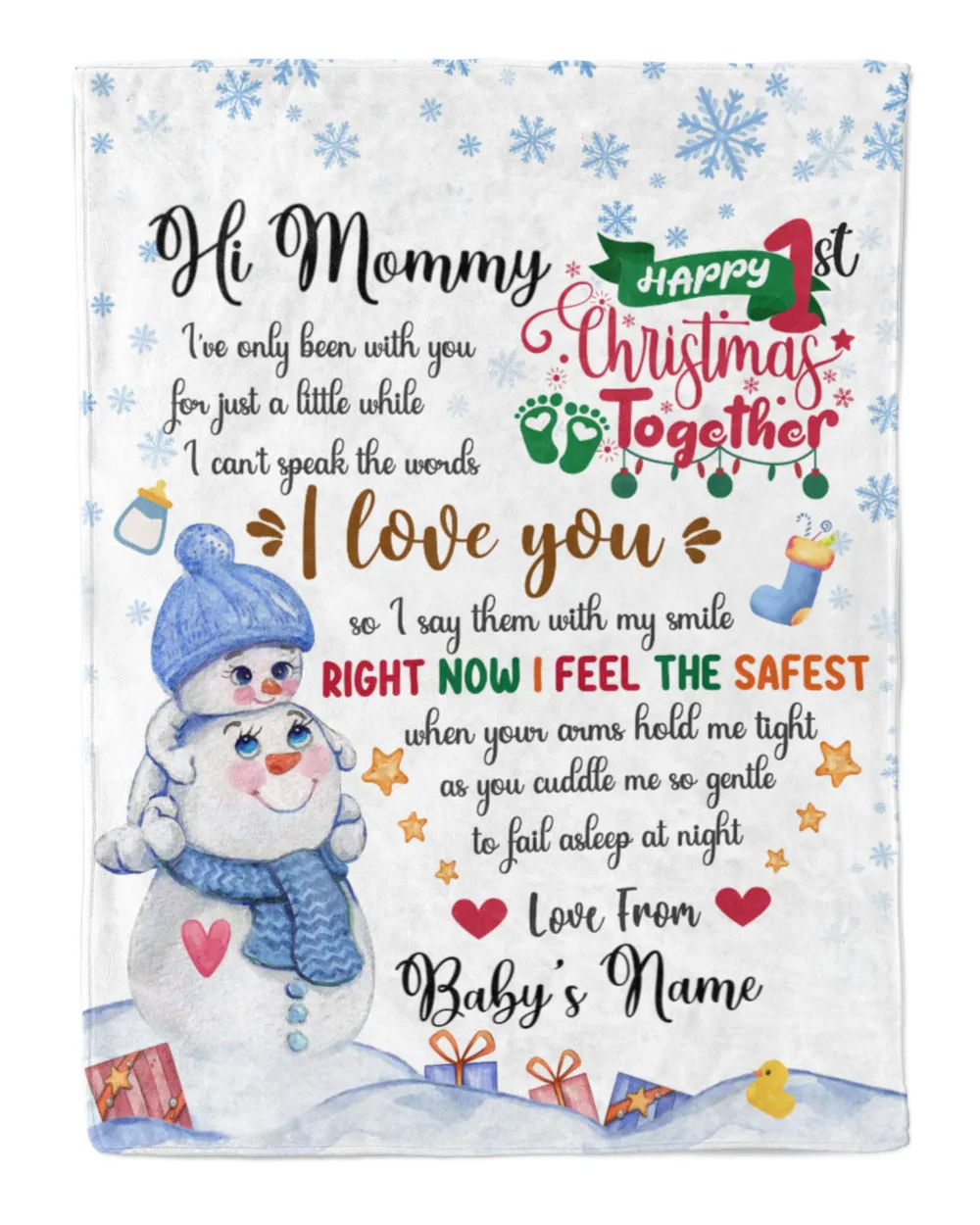 Personalized Hi MOMMY  Cute Baby Boy with Snowman,  1st Chritmas Gift  for Newmom, First Christmas gifts. Cozy Plush Fleece Blanket white 30x40in