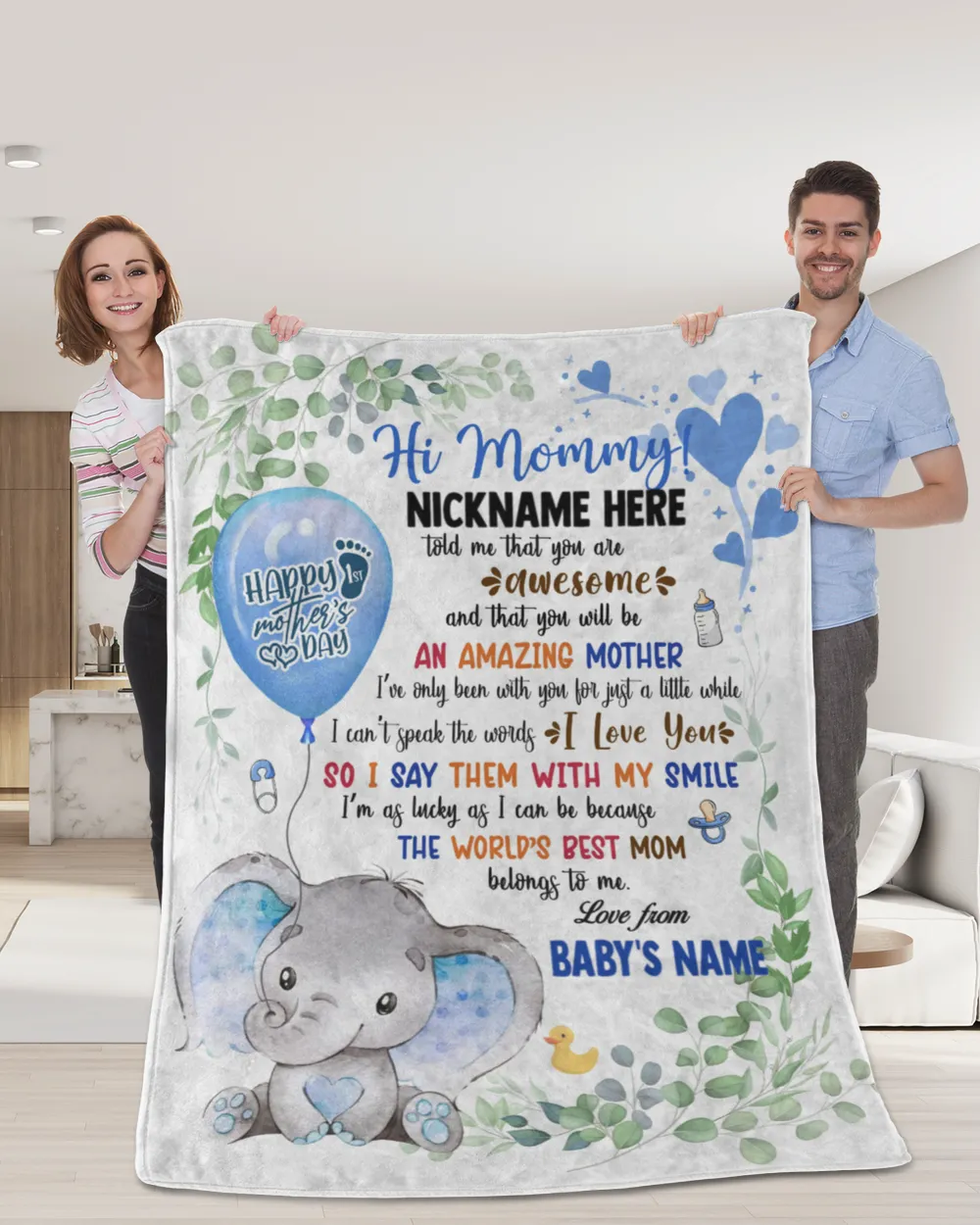 1st Mother's Day Gift, Gifts for New Mom, Personalized Hi MOMMY Cute Baby Girl Elephant ,  Gift  for Newmom,  Safari Baby Shower, Jungle Nursery Blanket Cozy Plush Fleece Blanket white 30x40in