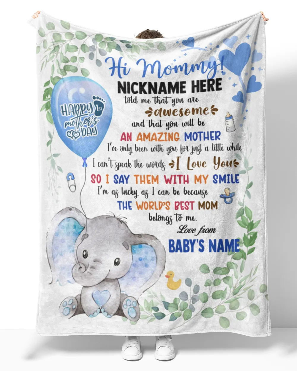 1st Mother's Day Gift, Gifts for New Mom, Personalized Hi MOMMY Cute Baby Girl Elephant ,  Gift  for Newmom,  Safari Baby Shower, Jungle Nursery Blanket Cozy Plush Fleece Blanket white 30x40in