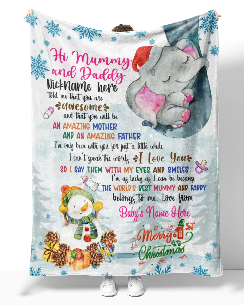Personalized Hi MUMMY AND DADDY Elephant Cute Baby Girl with Snowman,  1st Chritmas Gift from Grandma and baby for Newmom, First Christmas gifts. Cozy Plush Fleece Blanket white 30x40in