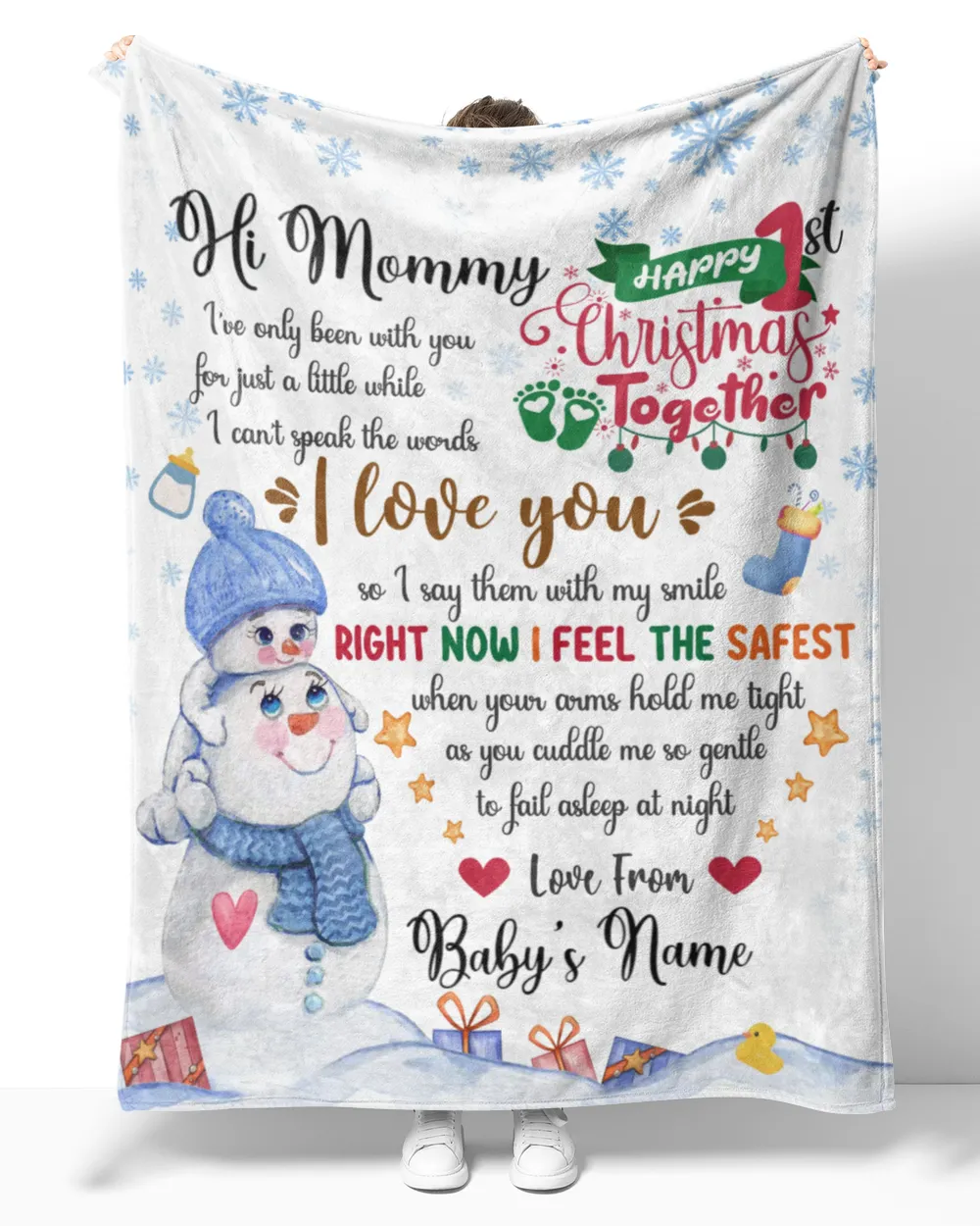 Personalized Hi MOMMY  Cute Baby Boy with Snowman,  1st Chritmas Gift  for Newmom, First Christmas gifts. Cozy Plush Fleece Blanket white 30x40in