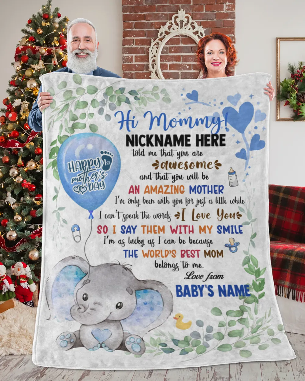 1st Mother's Day Gift, Gifts for New Mom, Personalized Hi MOMMY Cute Baby Girl Elephant ,  Gift  for Newmom,  Safari Baby Shower, Jungle Nursery Blanket Cozy Plush Fleece Blanket white 30x40in