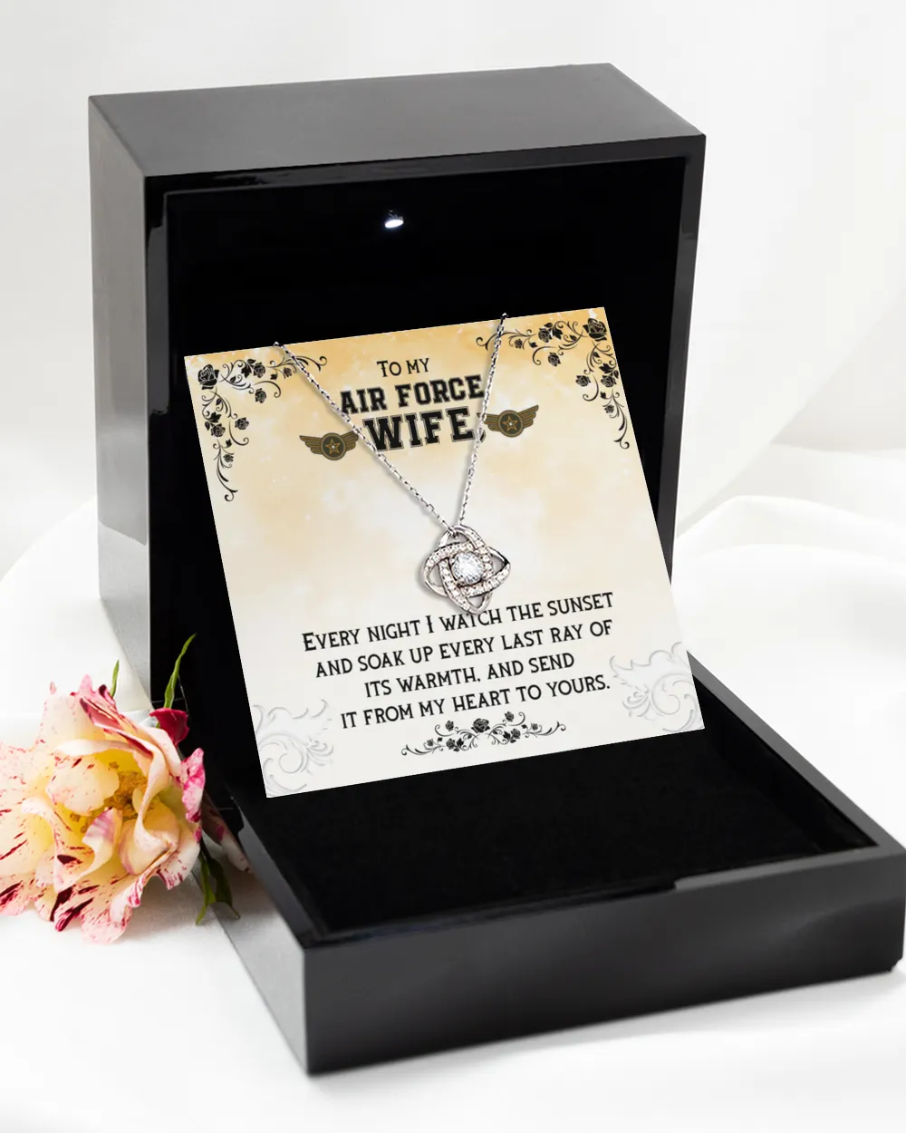 To My Air Force Wife - Gift From Husband With Message Card Love Knot Silver Necklace no-gift-wrap standard-box