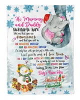 Personalized Hi MUMMY AND DADDY Elephant Cute Baby Girl with Snowman,  1st Chritmas Gift from Grandma and baby for Newmom, First Christmas gifts. Cozy Plush Fleece Blanket white 30x40in
