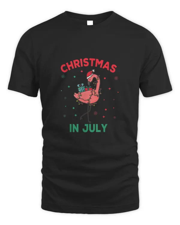 Christmas In July Flamingo Santa Hat Summer Vacation Funny T shirt