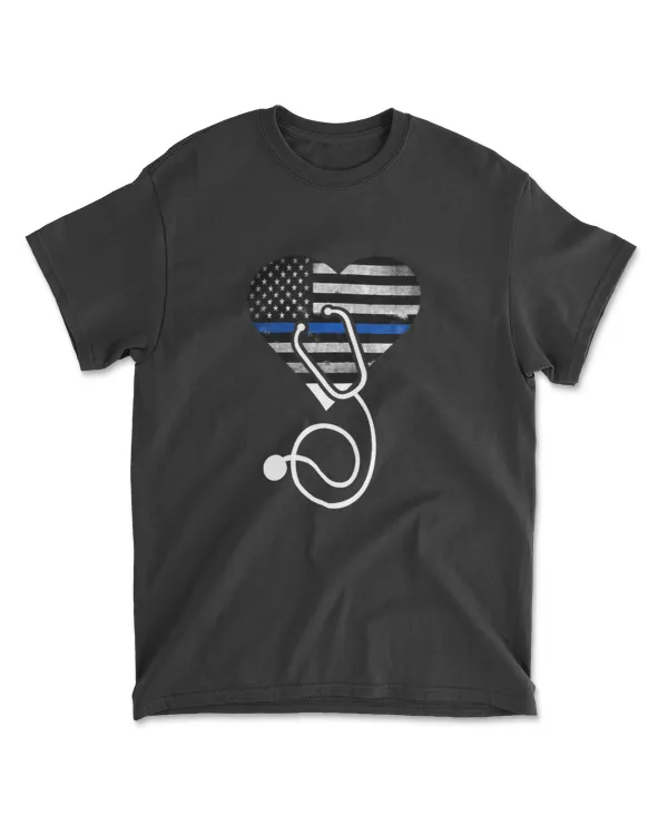 American Flag Heart with Police Thin Blue Line Nurse RN LVN T-Shirt