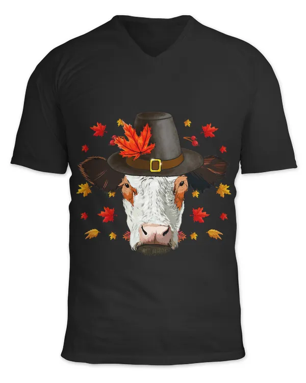 Cute Pilgrim Cow Face Maple Leaf Fall Vibes Thanksgiving Day 532