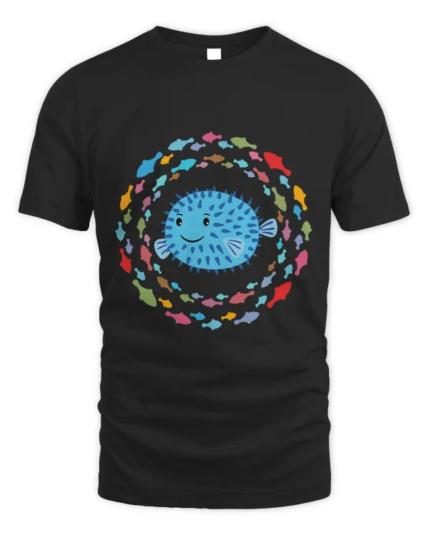 Small friendly puffer fish in colourful fish circle