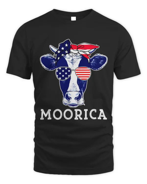 Funny Cow 4th of July Shirt Moorica Merica Men Women USA Flag Farm T-Shirt