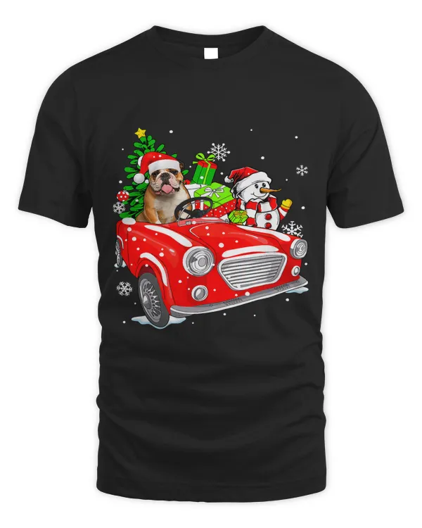 Funny English Bulldog Dog Santa Hat Red Car Christmas365