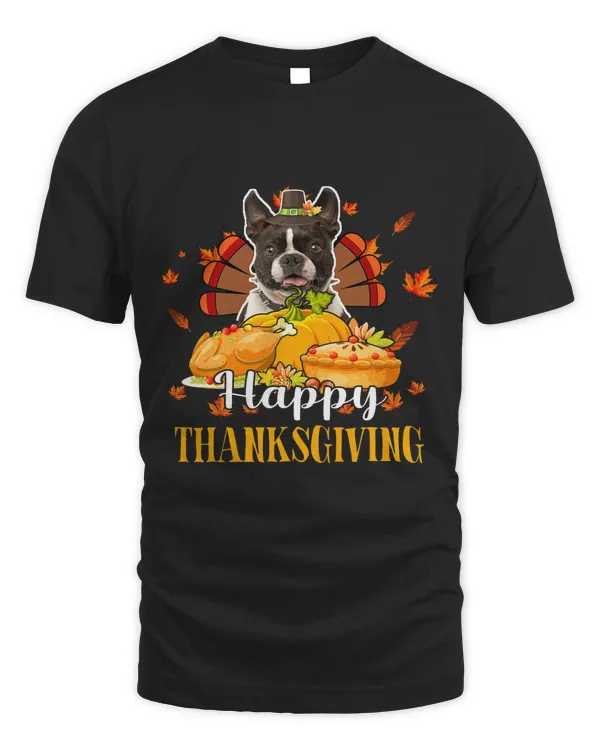 Happy Thanksgiving Turkey Boston Terrier Fall Pumpkins Pie