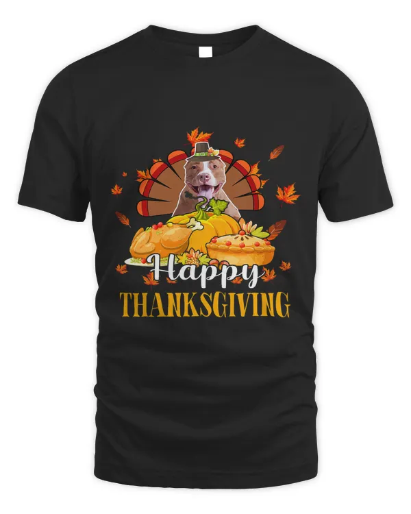 Happy Thanksgiving Turkey Pit Bull Wearing Hat Fall Pumpkins