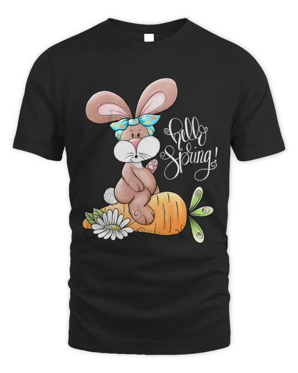 Hello Spring Easter Bunny Rabbit Messy Bun Carrot Easter Day