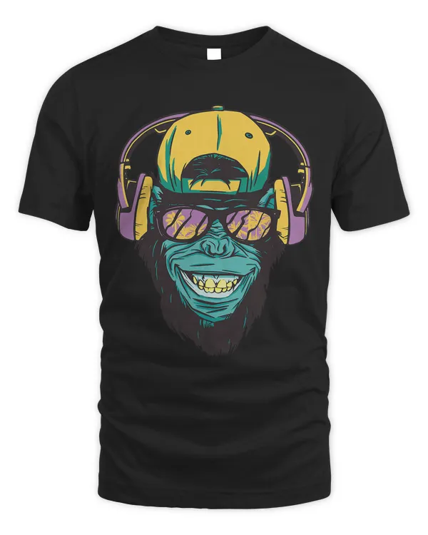 Funny Cartoon Chimpanzee Monkey With Headphones Sunglasses