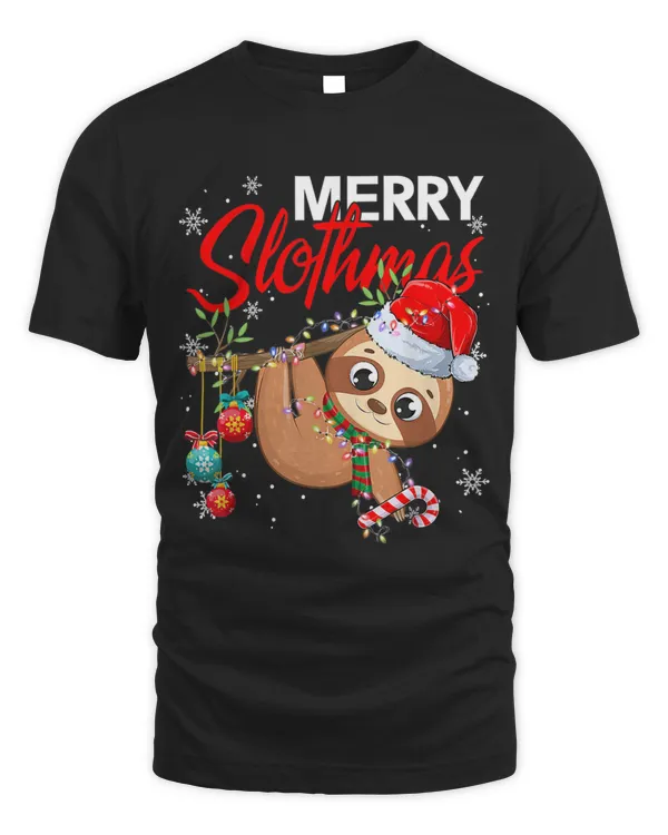 Merry Slothmas Funny Christmas Lights Santa Hat Pajama Retro 380