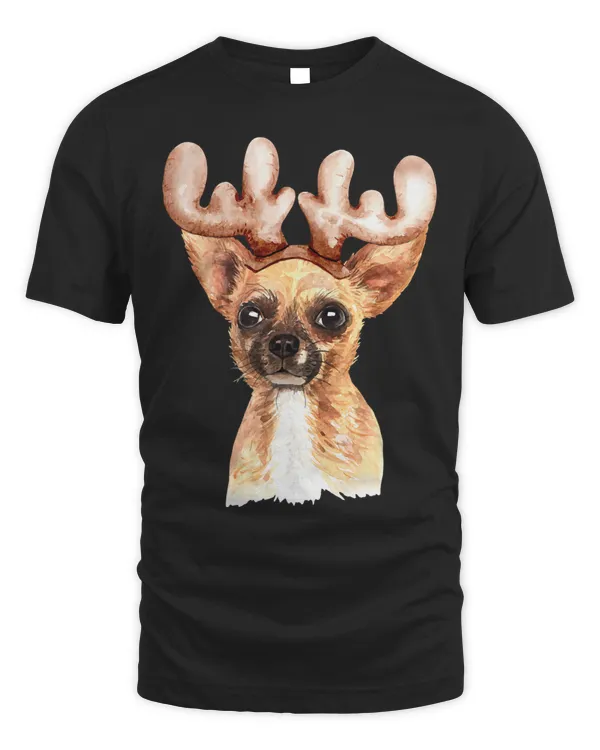 Chihuahua Dog with Reindeer Antler Watercolor