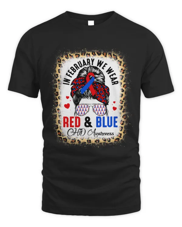 Messy Bun In February We Wear Red Blue CHD Awareness Women