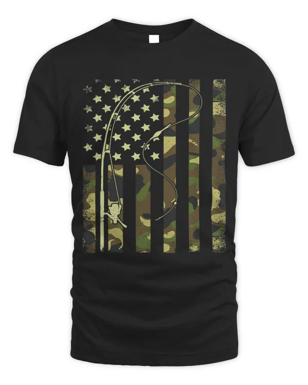 Mens FishingShirt American Flag Fish Pole Rod Camo Bass Dad