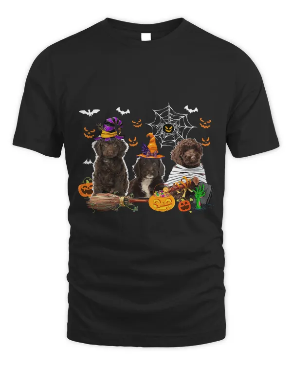Three Sproodle Dogs Witch Halloween Mummy Scary Pumpkins