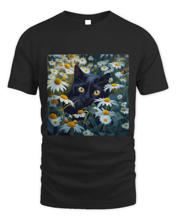 Black Cat Hiding In a Field Of Daisies Graphic Art