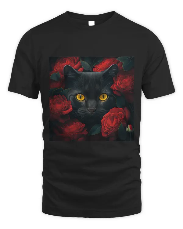 Black Cat Hiding In a Field Of Roses Graphic Art
