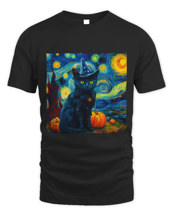 Black Cat Witch in Van Gogh Painting Starry Night