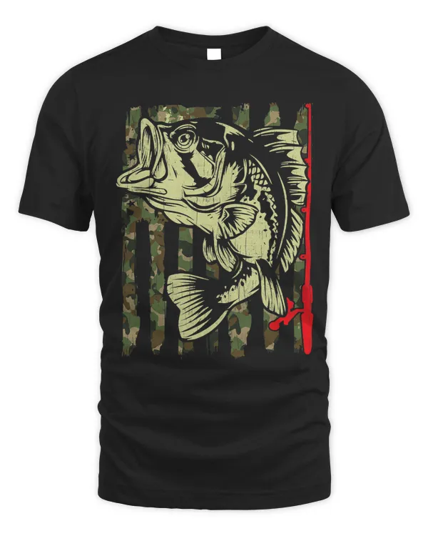 Bass FishingShirt American Flag Fish Rod Camo Youth Boy Men