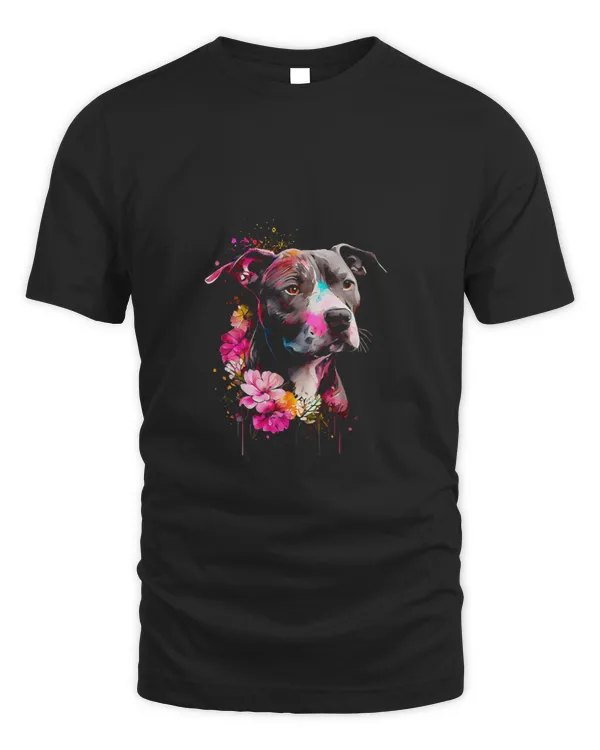 Bully Watercolor Pitbull with flowers 663 Pitbull Dog