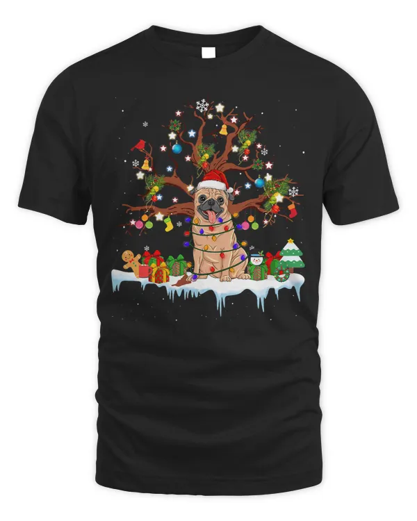 Pug Lover Santa Wearing Christmas Hat Tree Lights 214 Pugs Dog
