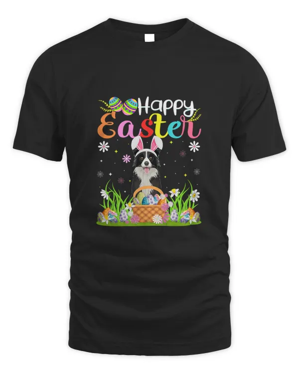 Funny Egg Hunting Bunny Border Collie Dog Happy Easter T-Shirt