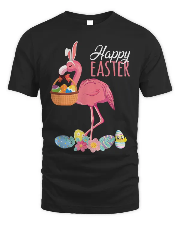 Happy Easter Flamingo With Easter Egg Basket Hunting T-Shirt