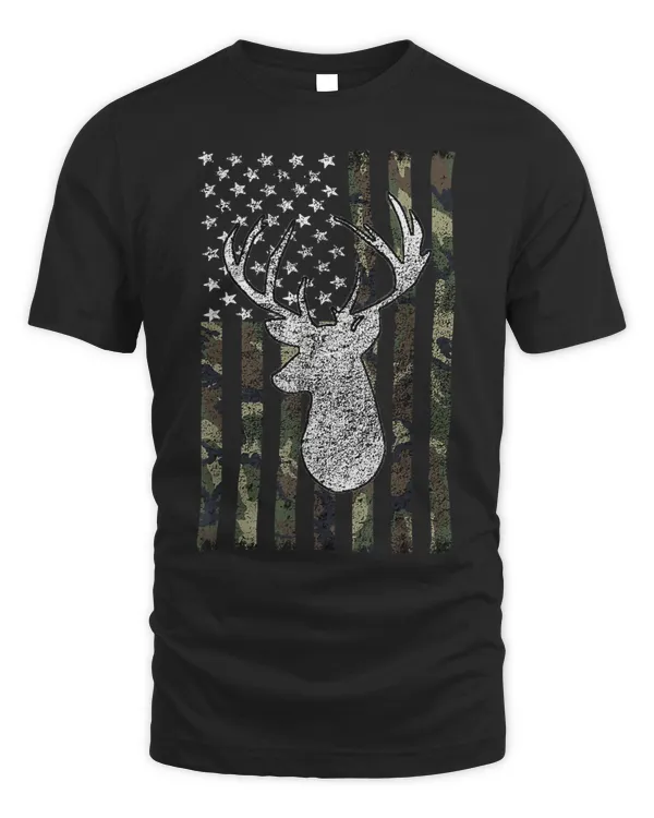 Whitetail Buck Deer Hunting American Camouflage USA Flag T-Shirt