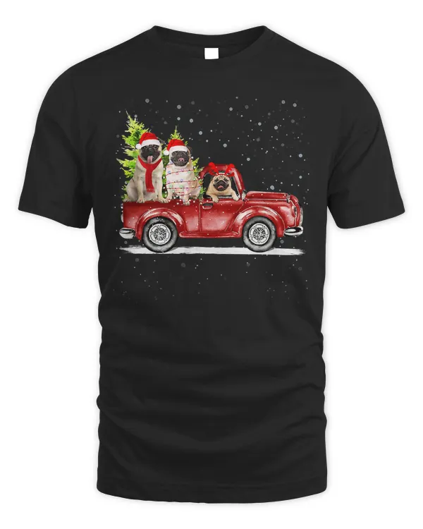 Pug Dog Christmas Three Pug Dogs Ride Red Truck Xmas Santa Hat Snow 309 Pug Dad Pug Mom