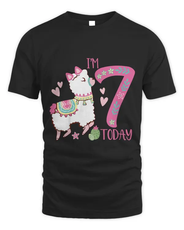 Kids I Am 7 Years Old 7th Birthday Girl Alpaca  Llama T-Shirt