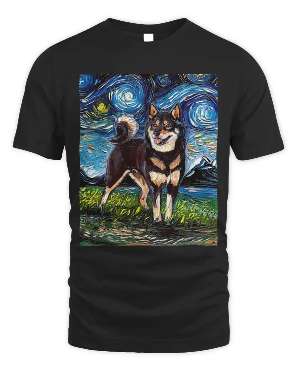 Black and Tan Shiba Inu Starry Night Cute Dog Art by Aja T-Shirt