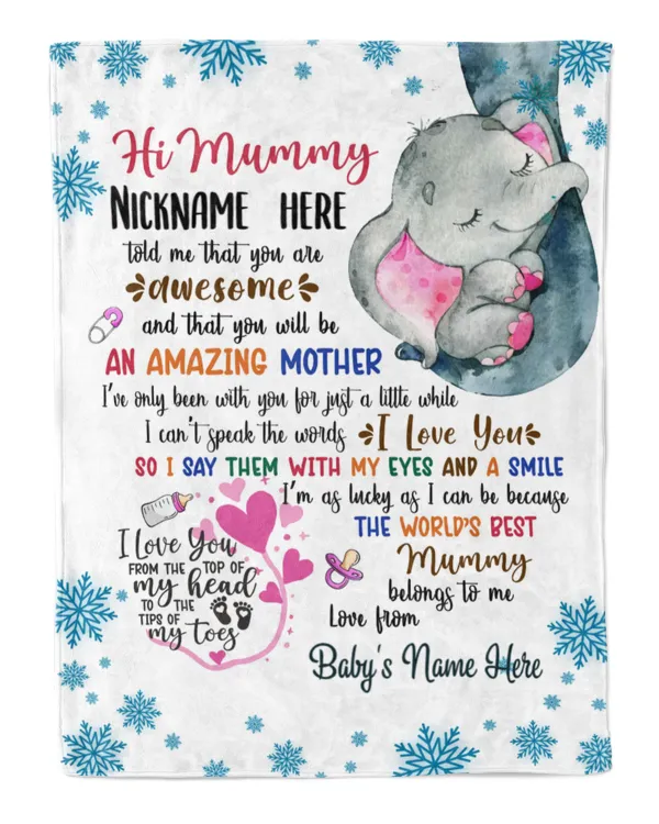 Personalized Hi MUMMY Elephant Cute Girl, Gift from Grandma and baby for newmom SNOW THEMES