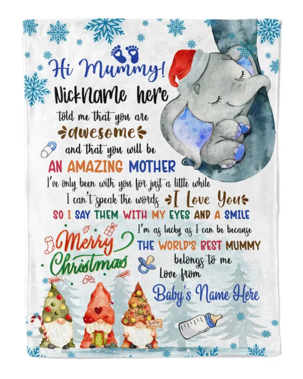 Personalized Hi MUMMY Elephant Cute Boy,  Chritmas Gift from Grandma and baby for Newmom SNOW THEMES WITH GNOMES Merry Christmas