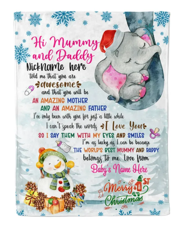 Personalized Hi MUMMY AND DADDY Elephant Cute Baby Girl with Snowman,  1st Chritmas Gift from Grandma and baby for Newmom, First Christmas gifts.