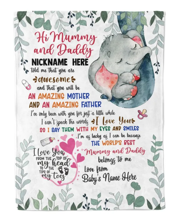 Personalized Hi Mummy and Daddy Elephant Cute Girl, Gift from Grandma and baby for newmom