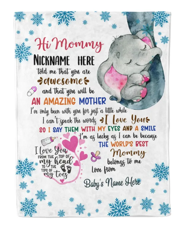 Personalized Hi MOMMY Elephant Cute girl, Gift from Grandma and baby for newmom SNOW THEMES
